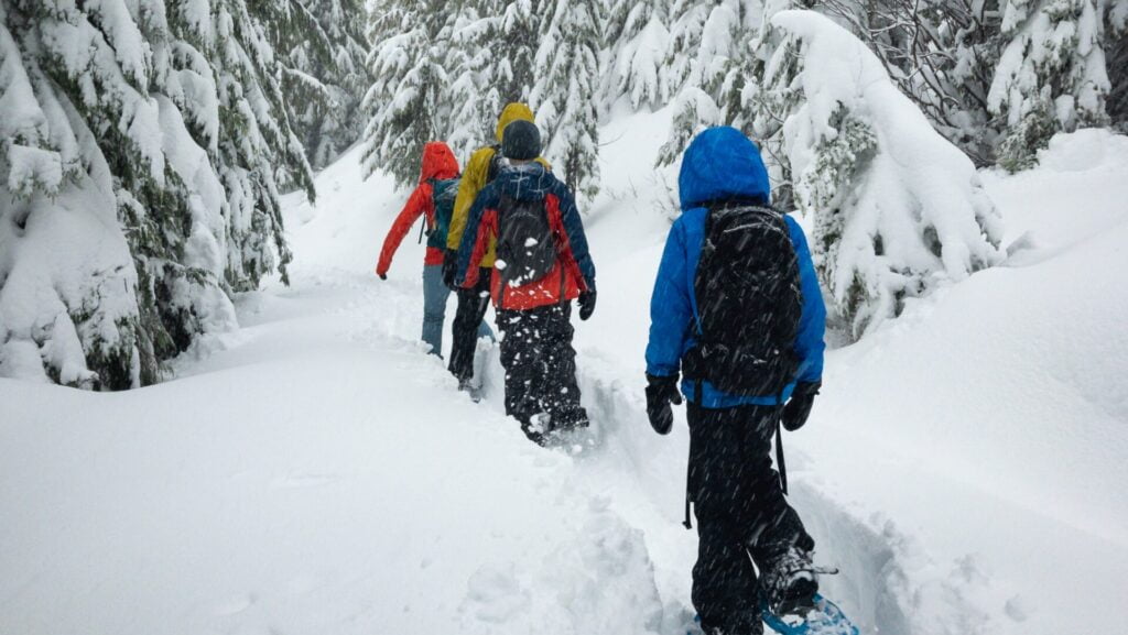 En familie med barn ute på vintertur i en snøfylt skog.